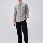 Grey Checked Mandarin Collar Jute Shirt