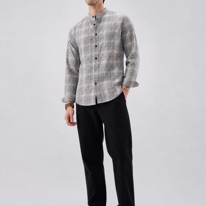 Grey Checked Mandarin Collar Jute Shirt