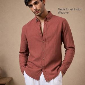 Rust Cotton Linen Blend Shirt - Button Down