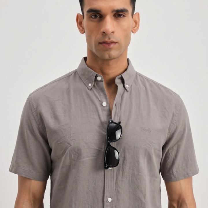 Stone Grey Solid Casual Half Sleeve Shirt