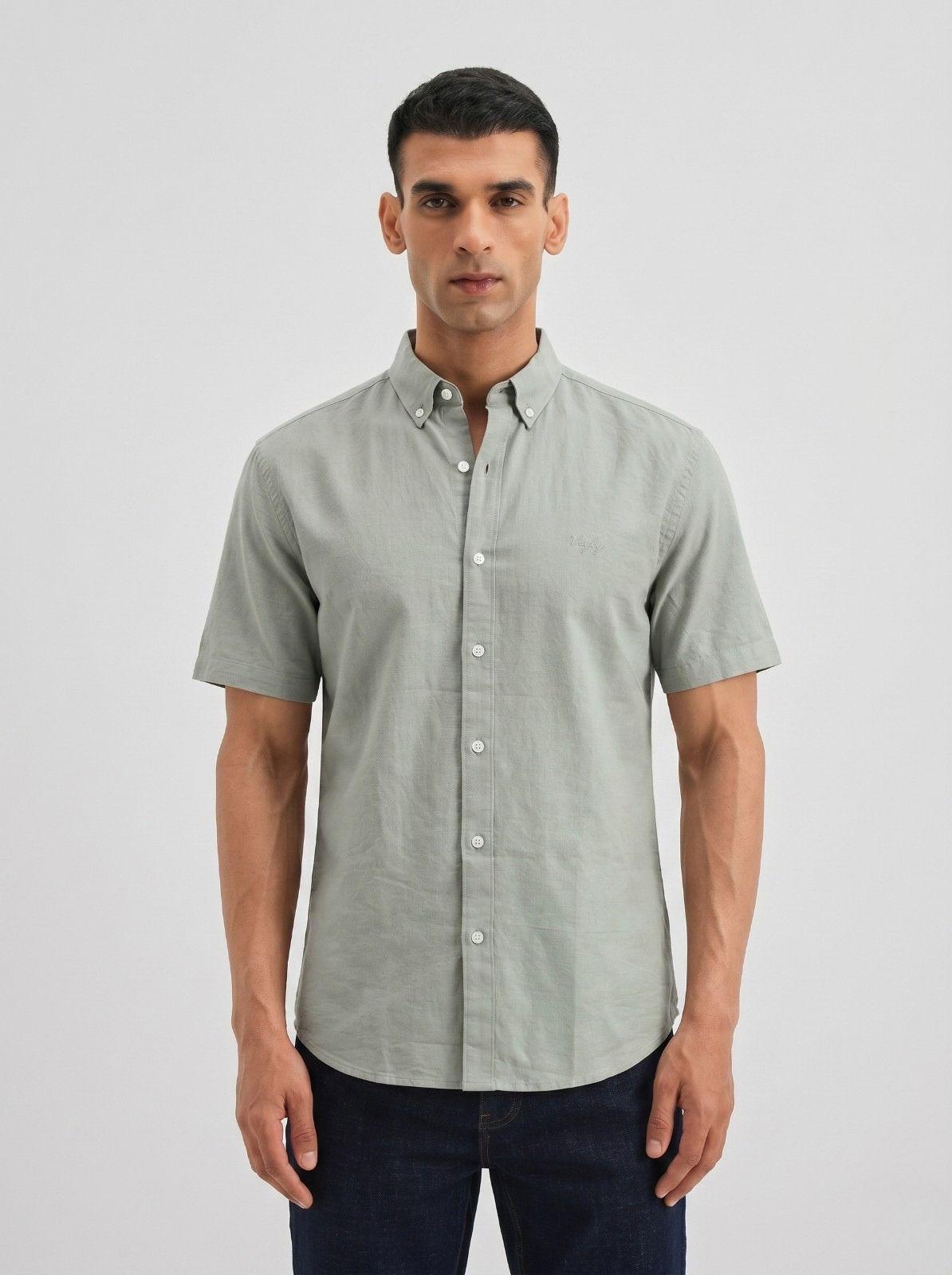 Sage Green Solid Casual Half Sleeve Shirt