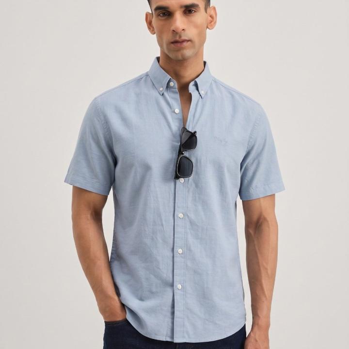 Sky Blue Solid Casual Half Sleeve Shirt