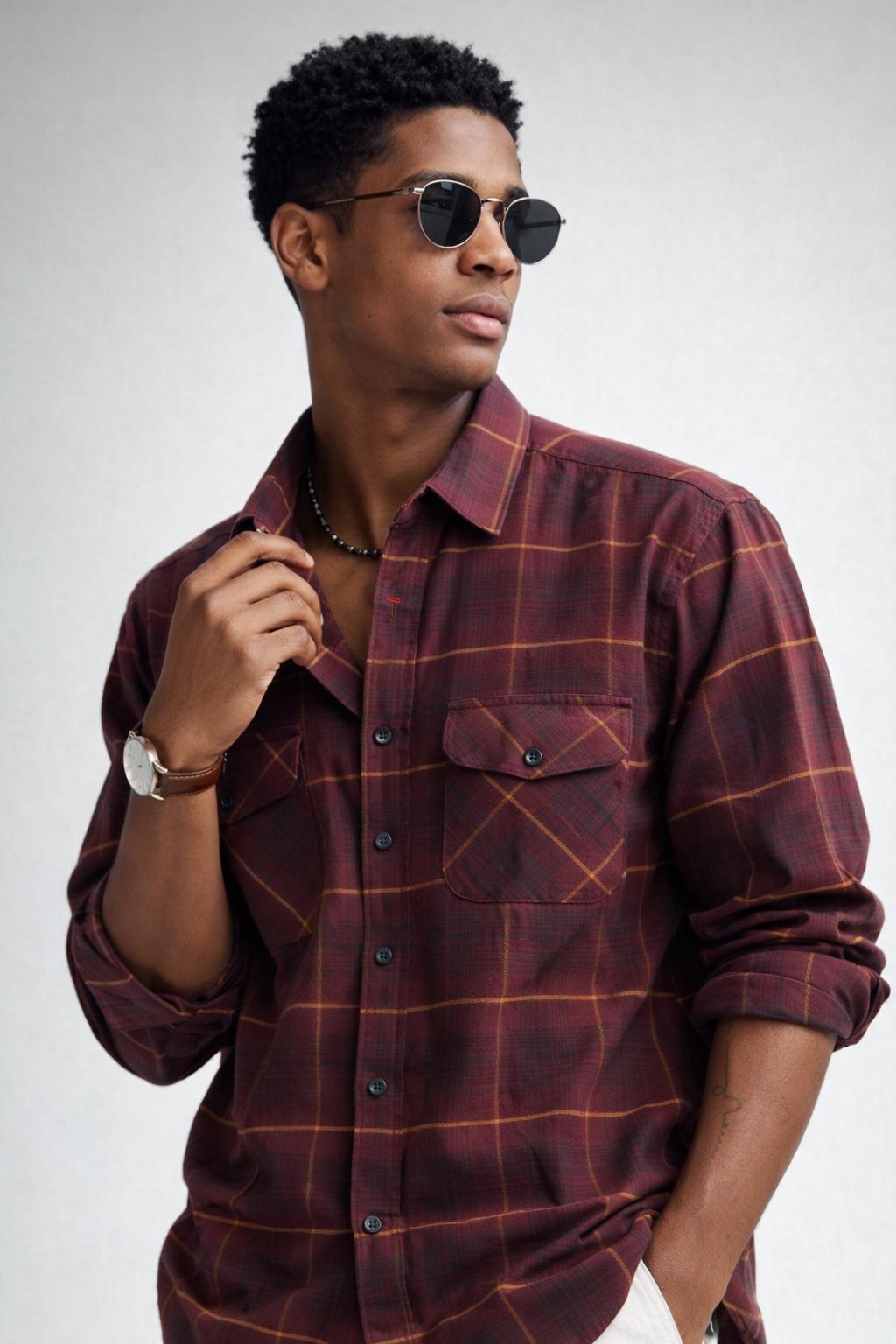 Dual Pocket Checked Shirt - Maroon