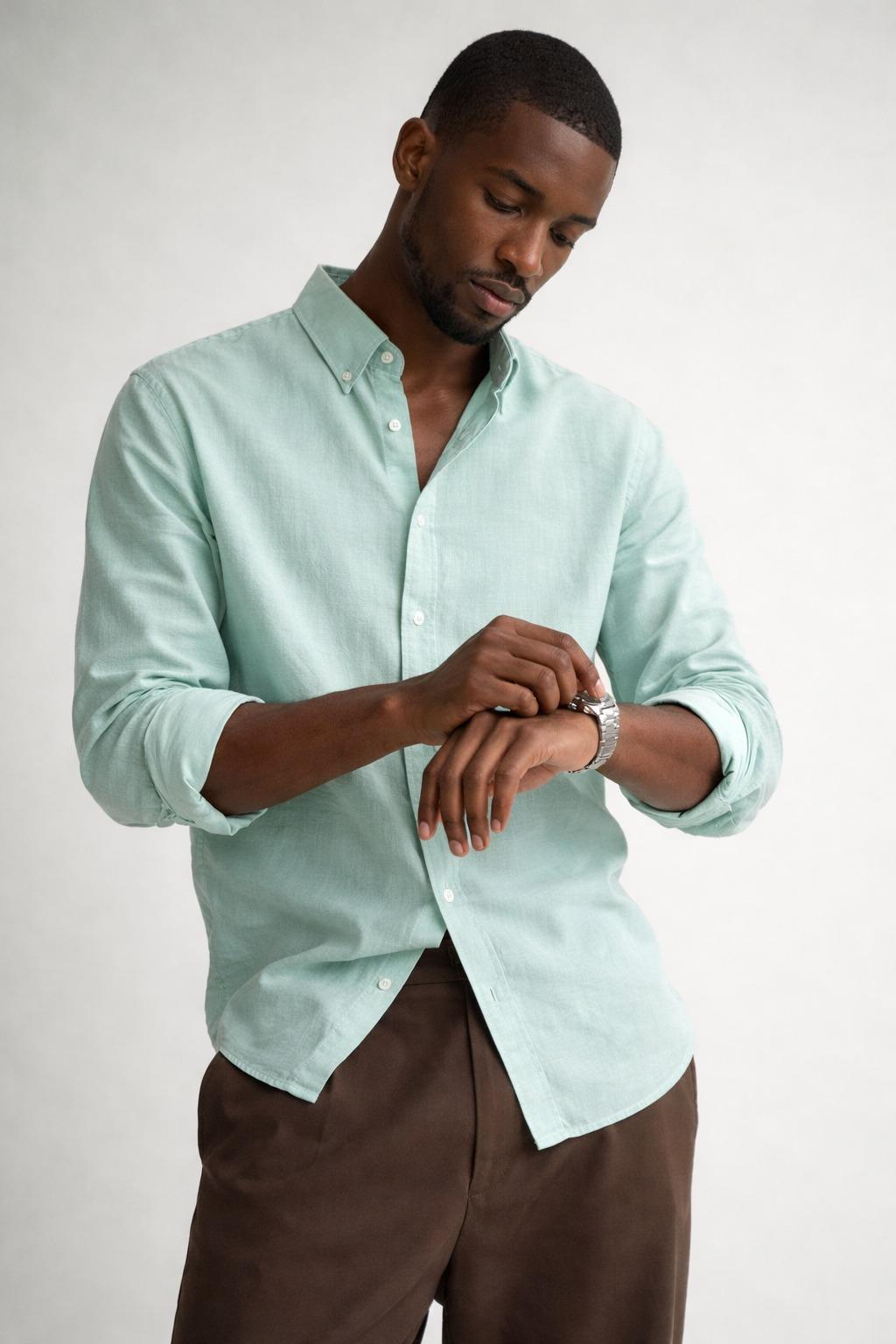 Mint Green Linen-Cotton Shirt – Button Down