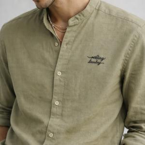 Olive Green Linen Mandarin Collar Shirt