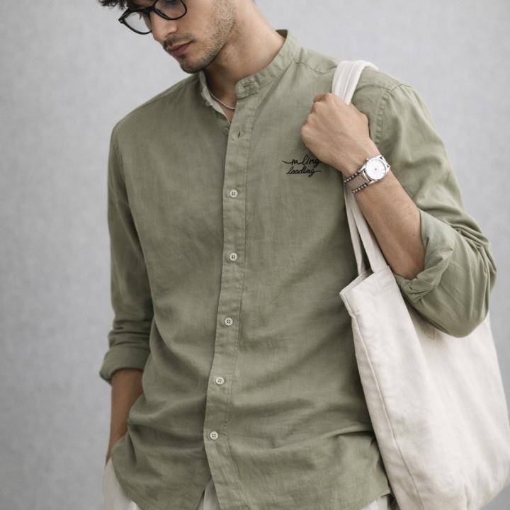 Olive Green Linen Mandarin Collar Shirt