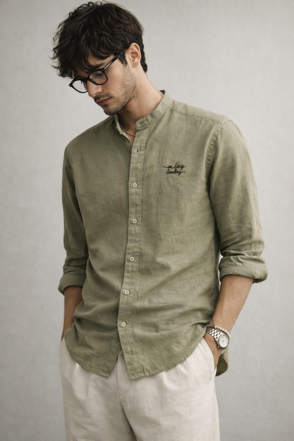 Olive Green Linen Mandarin Collar Shirt