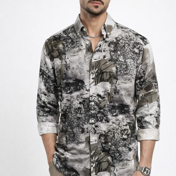 Neutral Abstract Print Shirt  - Button Down