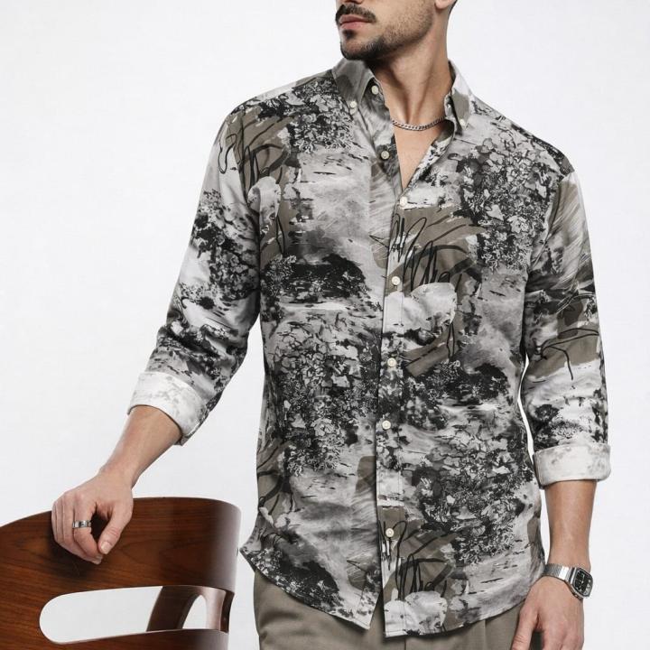 Neutral Abstract Print Shirt  - Button Down