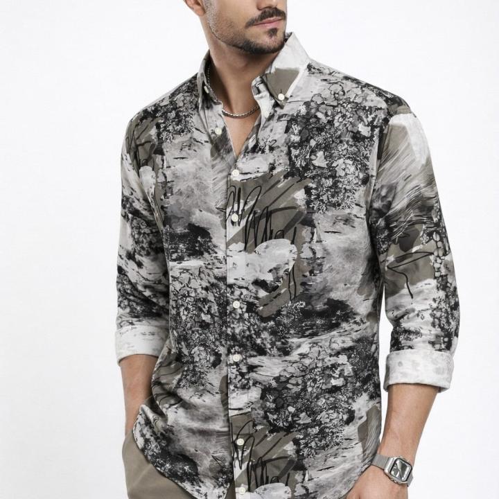 Neutral Abstract Print Shirt  - Button Down