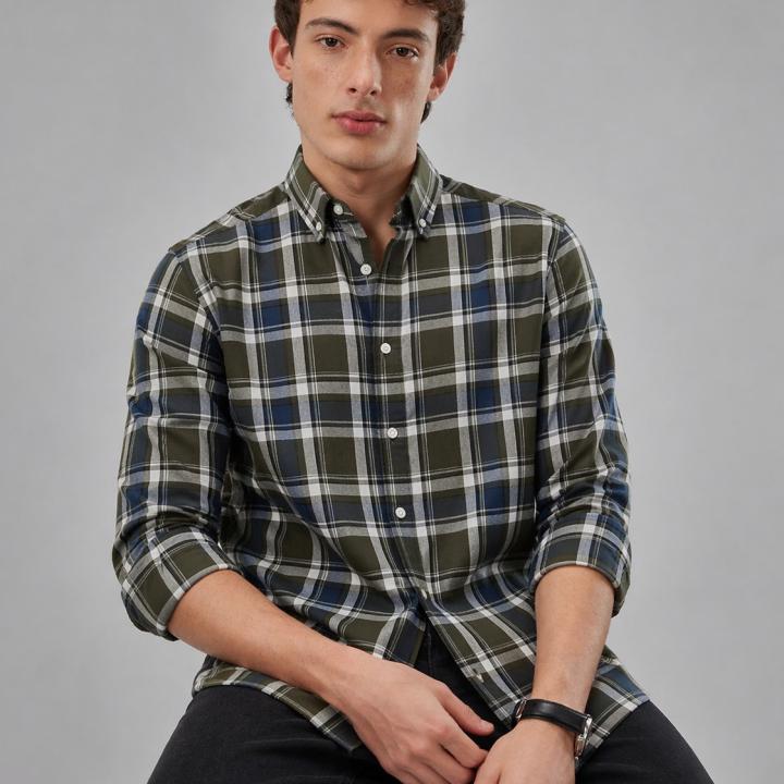 Olive Green Plaid Checked Shirt
