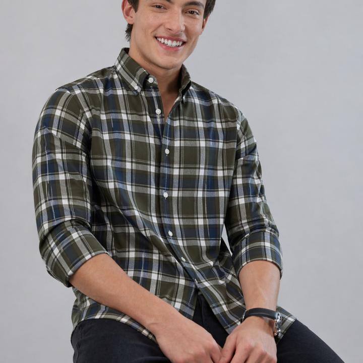 Olive Green Plaid Checked Shirt
