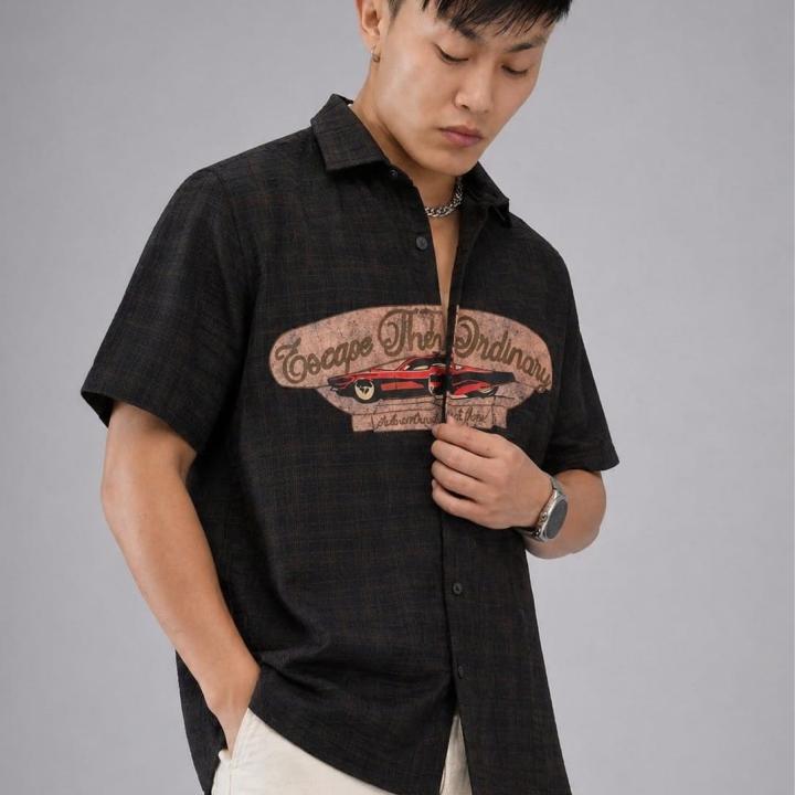 Dark Charcoal Retro Graphic Short Sleeve Shirt