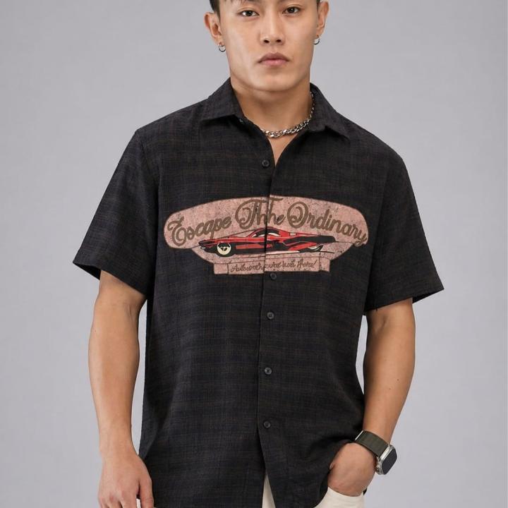 Dark Charcoal Retro Graphic Short Sleeve Shirt