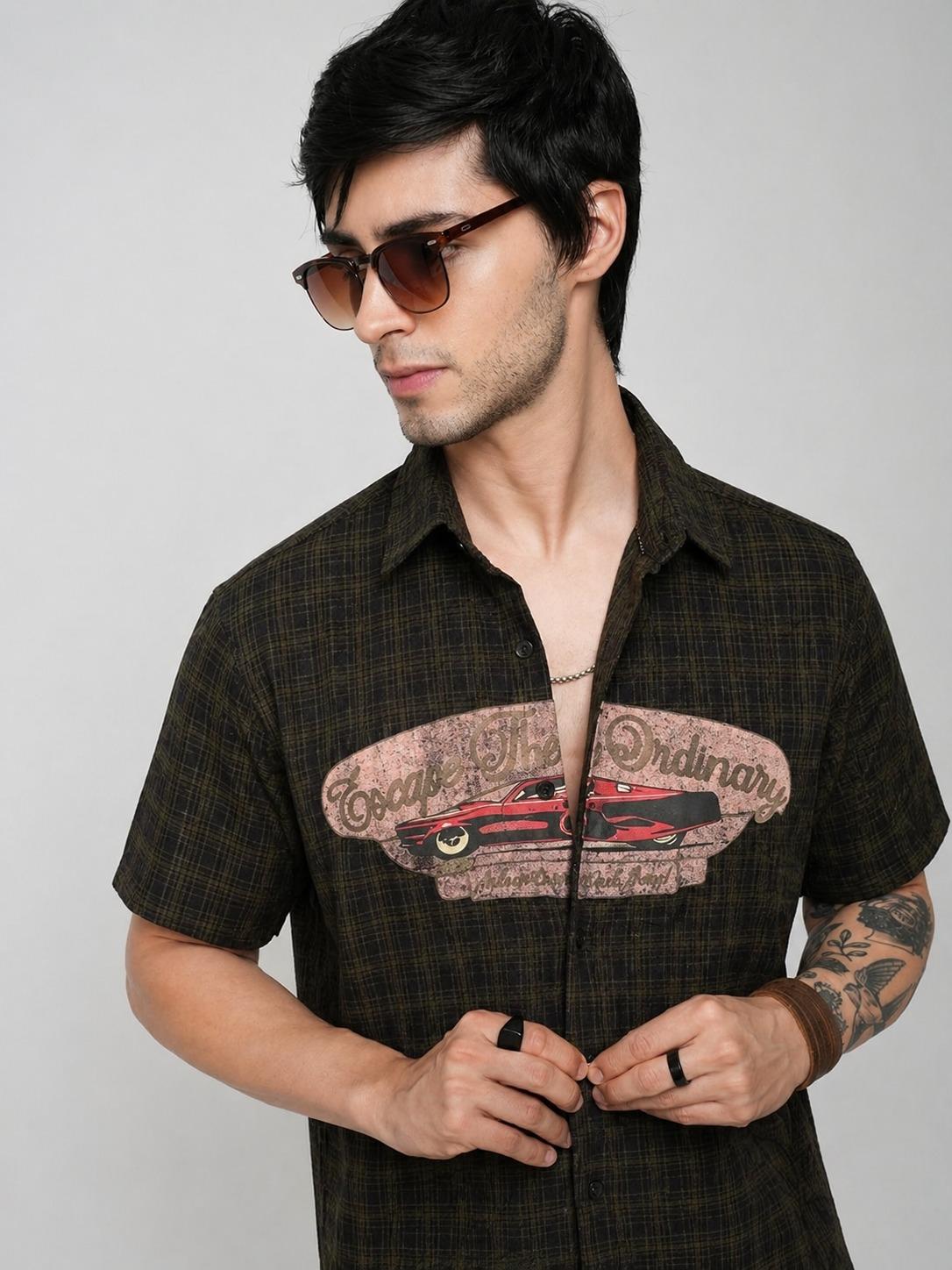 Dark Olive Retro Graphic Short Sleeve Shirt