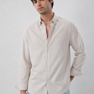 Classic Beige Vertical Striped Shirt - Button Down