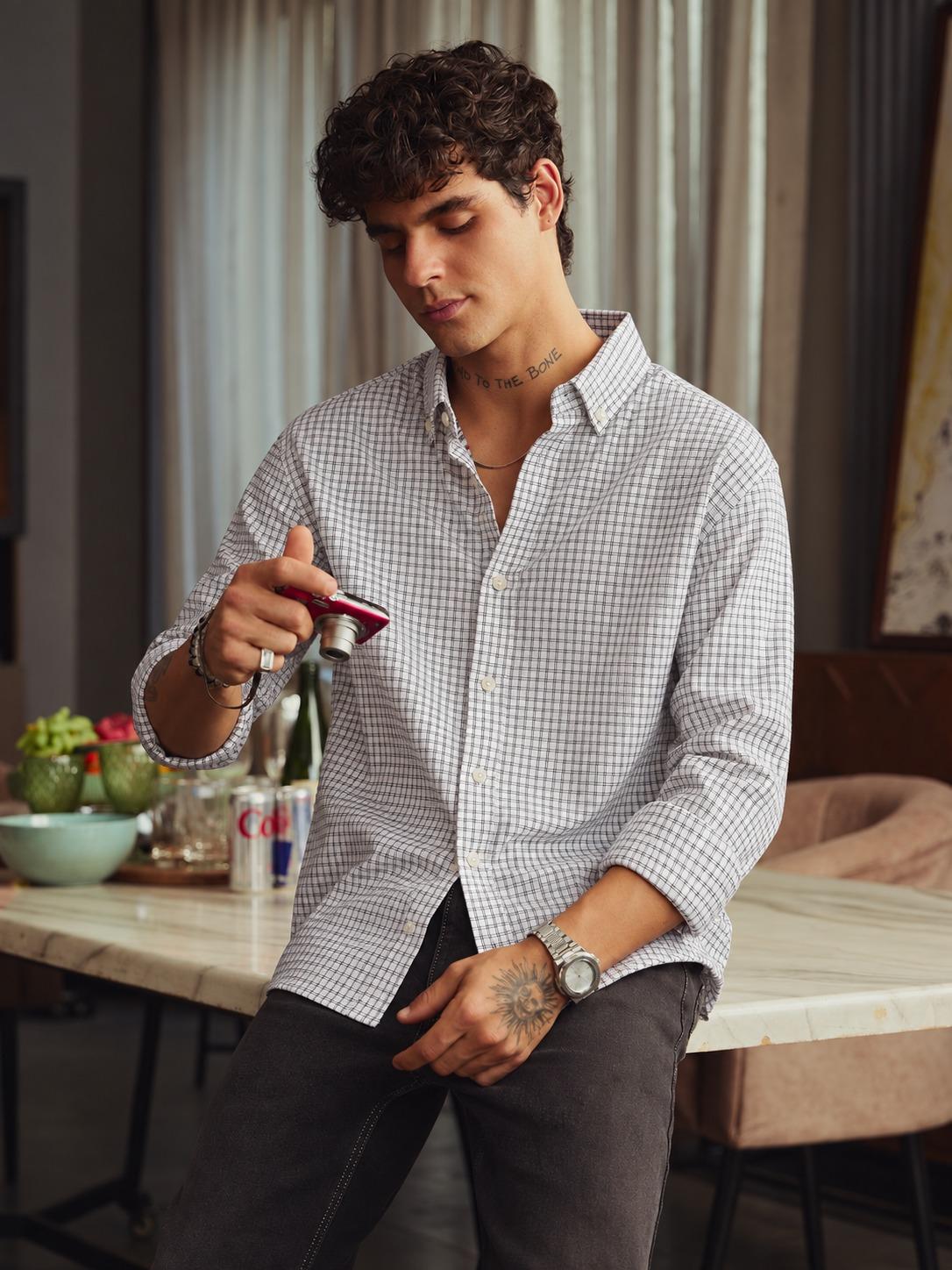 Relaxed Fit White & Grey Fine Check Casual Shirt